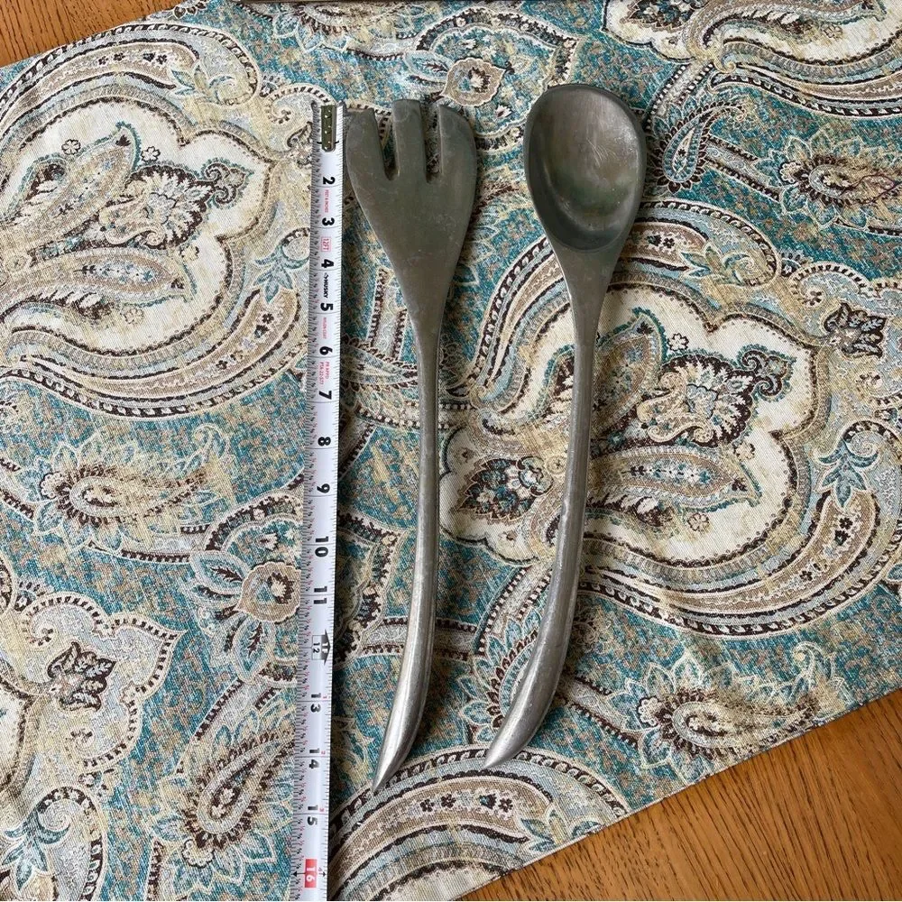 Vintage metal salad serving set, pewter or aluminum mid century